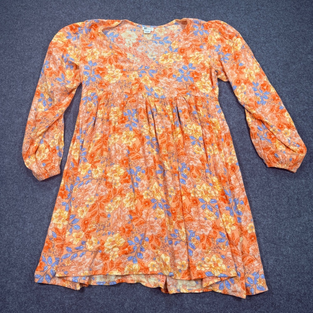 Billabong Womens Orange Floral V-Neck Long Sleeve Empire Waist Mini Dress Small
